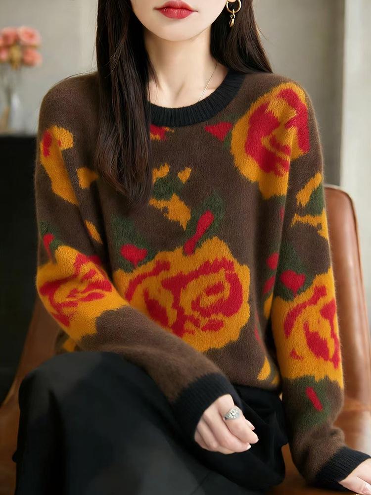 Women's Autumn Winter Rose Jacquard Sweater - Thick, Loose Knitwear with Fashion Design