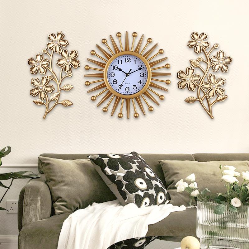 Modern Light Luxury High-end Three-piece Set Creative Sun Wall Clock Living Room Home Decoration Large Wall-mounted Silent Clock