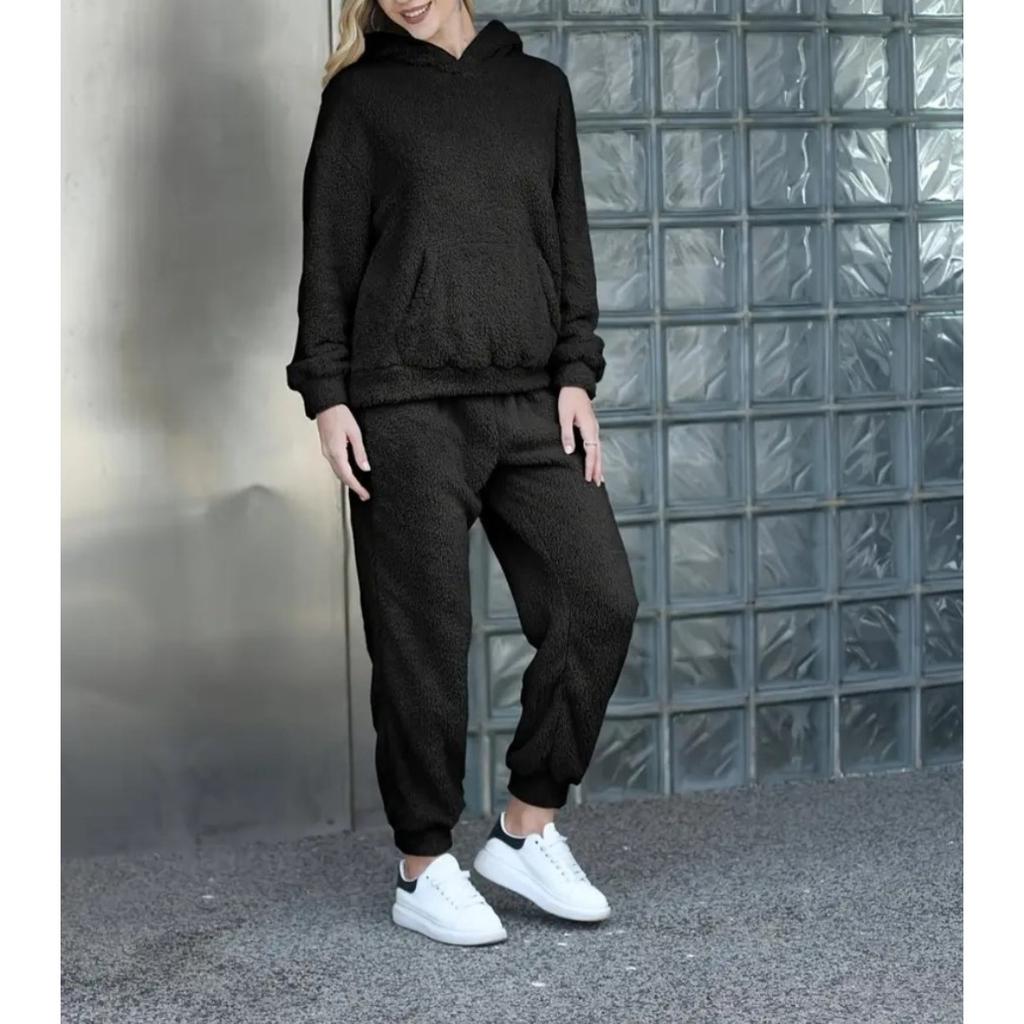 Осенне-зимняя однотонная женская одежда, худи с длинным рукавом, накладной карман, повседневные брюки, домашний комплект из двух предметов
