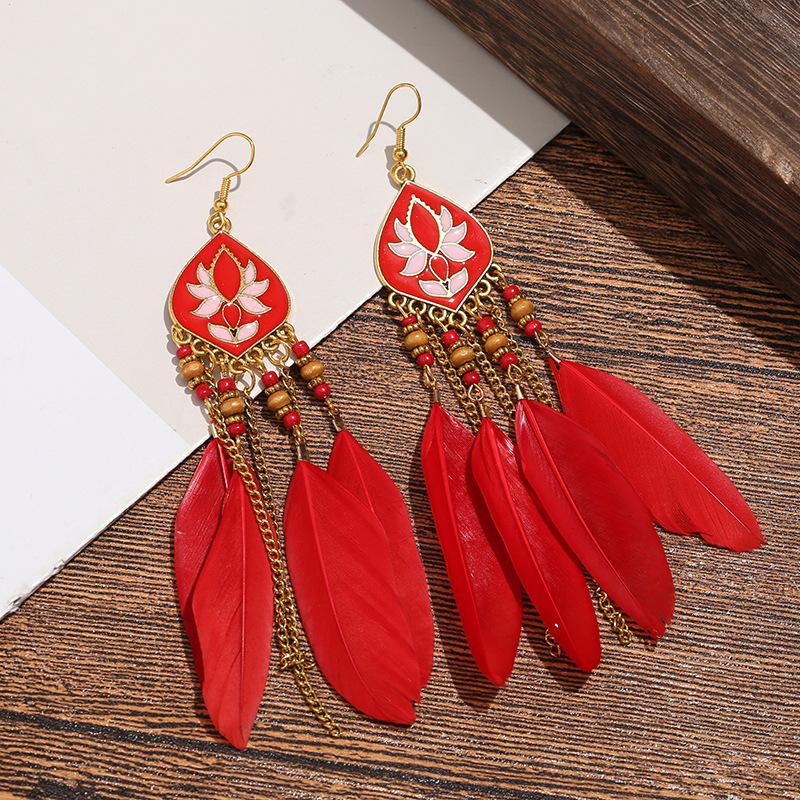 High-Value Feather Earrings Bohemian Long Tassel Photo Women'S Ear Hooks Personalized Earrings
