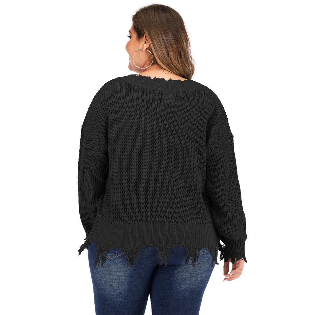 Women's Autumn and Winter Large Size Long Sleeve V-Neck Splicing Thickened Sweater