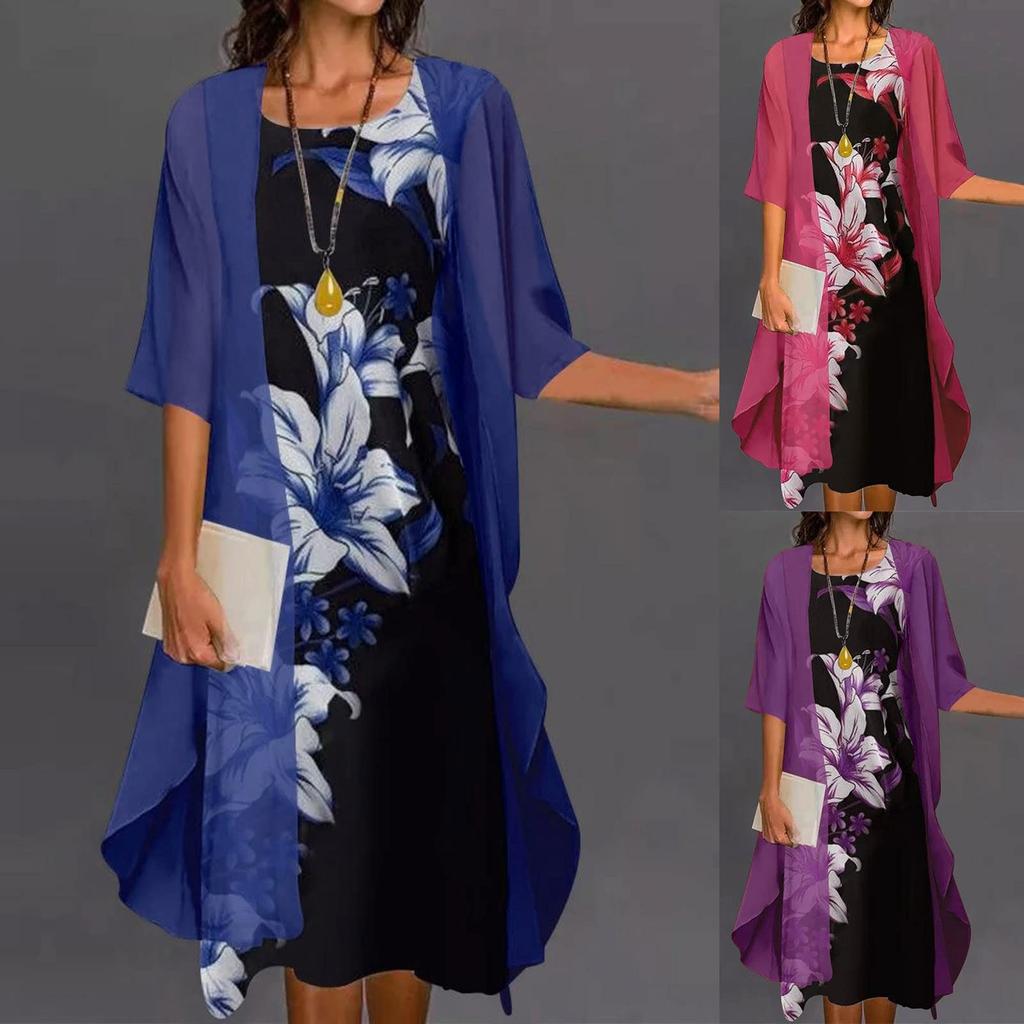 Ladies Tank Top Sleeveless Printed Dress Chiffon Cardigan Set Holiday Dress For Women