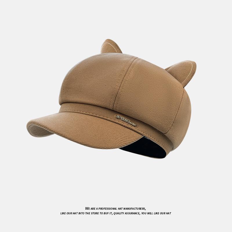 Осенне-зимние шляпы для женщин Британская ретро восьмиугольная шляпа Большой обхват головы Маленький берет, подчеркивающий лицо Универсальная кепка с кошачьими ушками