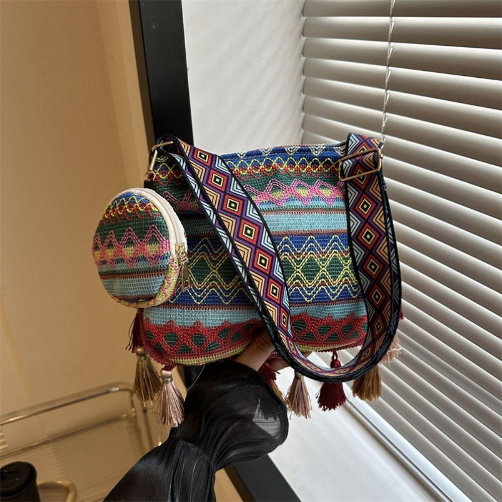 Плетеная сумка Этнический стиль Сумки через плечо Сумка через плечо в стиле бохо с кисточками Сумка через плечо с бахромой Уличная сумка через плечо