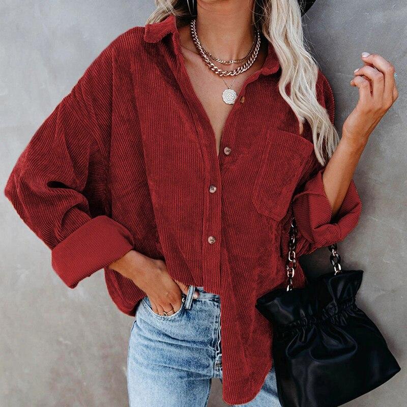 Хлопковая Повседневная вельветовая блузка женская в полоску размера плюс женская рубашка-куртка винтажная пуговица с карманом свободные модные блузки топы 17787