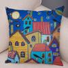 Colorful Cartoon House Pillowcase Retro Country Colors Urban Sofa Cushion Cover Home Car Decoration