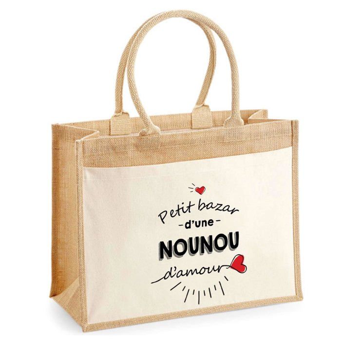 Sac de plage - PLANETEE - Jute avec poche Nounou d'amour - Coton - Beige multicolore - 43x33 cm