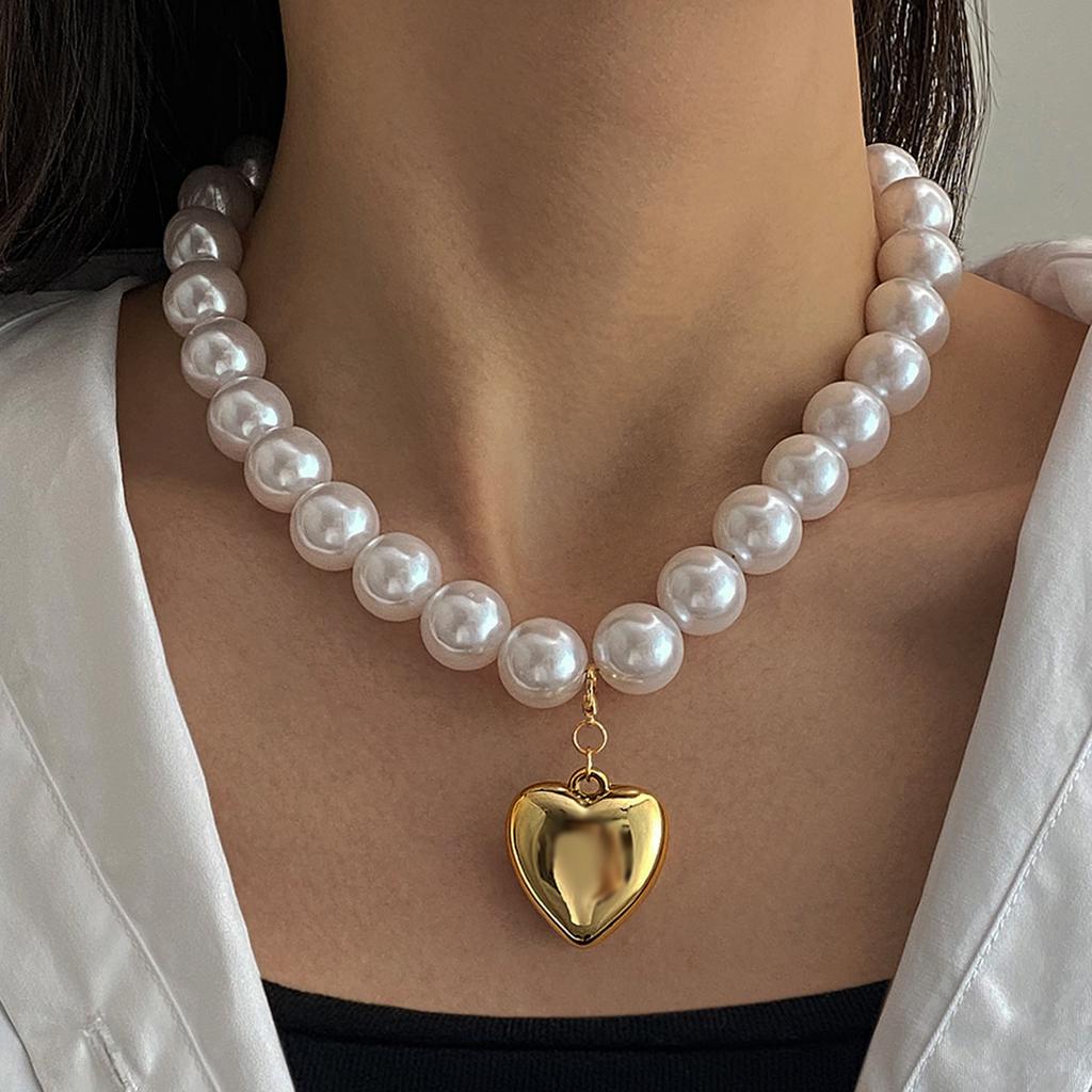 Heart Shape Multi-Layered Gold Silver Pearl Beaded Clavicle Necklace European American Style Women's Accessories