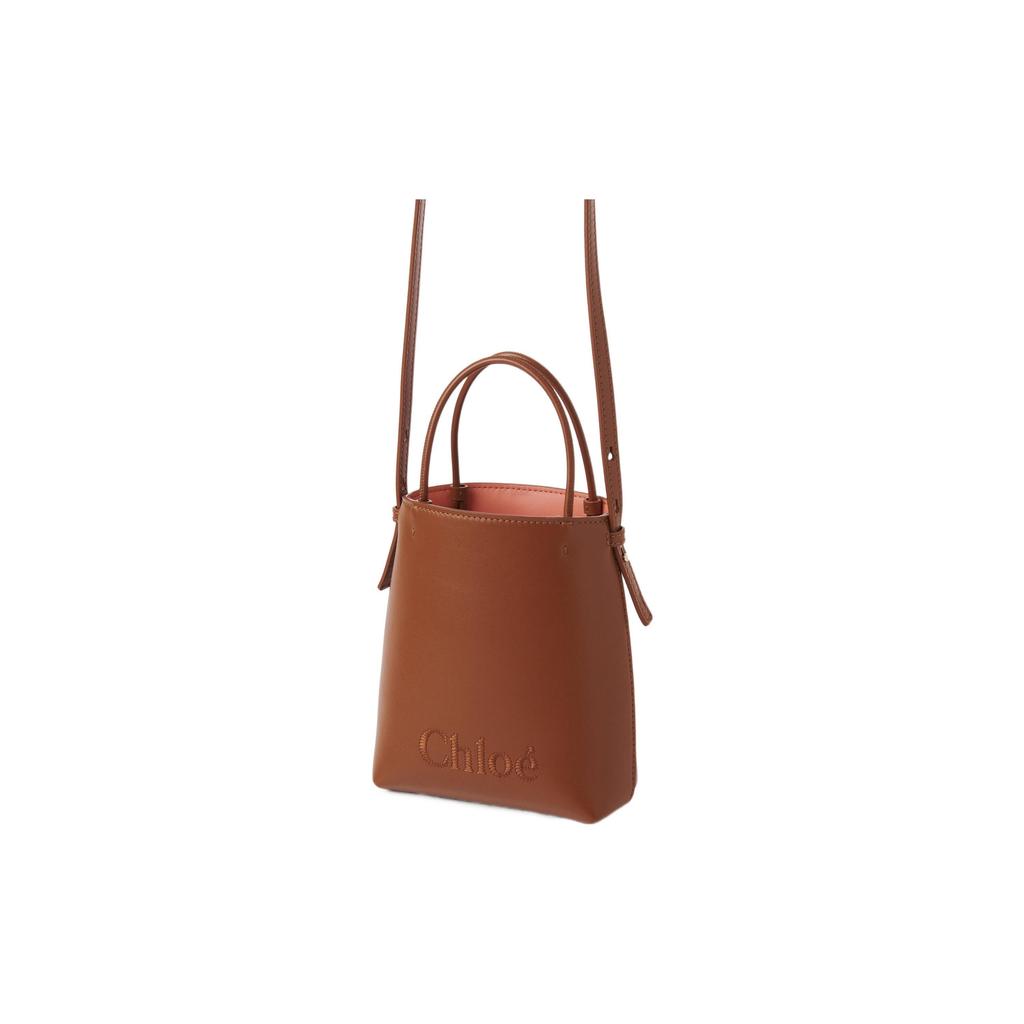 Chloe Sense Embroidered Logo Adjustable Shoulder Strap Shiny Calfskin Tote Bag Shopping Handbag Crossbody Mini Women tote Brown CHC23-UP873I10-247