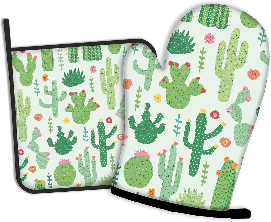 Cactus Green Oven Mitts and Pot Holders Kitchen Cooking Gloves 2 Pcs Set Heat Resistant Pad for Baking BBQ Home Decor