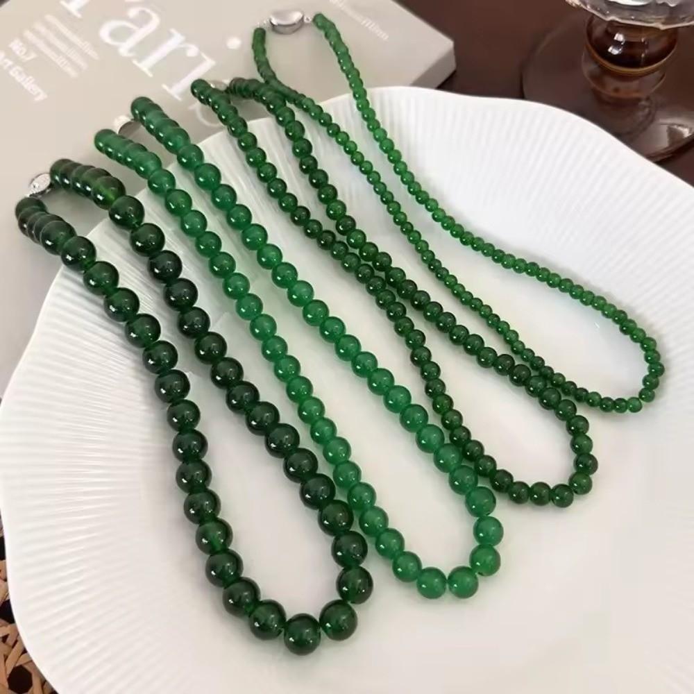Round Green Beads Necklace 4 6 8 10mm Collarbone Chain New Choker Necklace Gifts