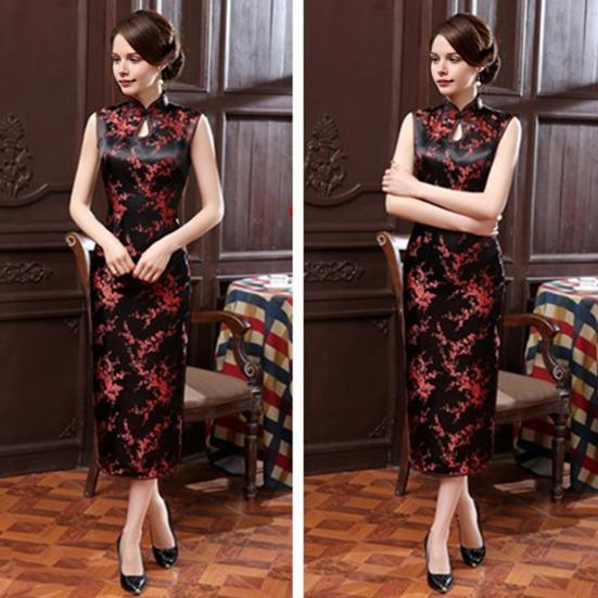 Women Summer Cheongsam Stand Collar Floral Print Hollow Out Split Hem Sleeveless Qipao Slim Fit Retro Chinese Style