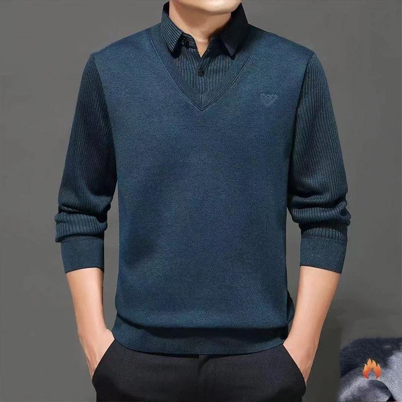 Мужской свитер Мужской зимний с плюшем утолщенный цельный бархатный вязаный деловой теплый свитер под две части