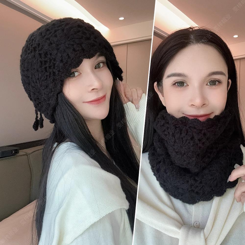 Autumn and winter big head circumference knitted wool hat star warm pile cold hat one hat dual-purpose hollow scarf