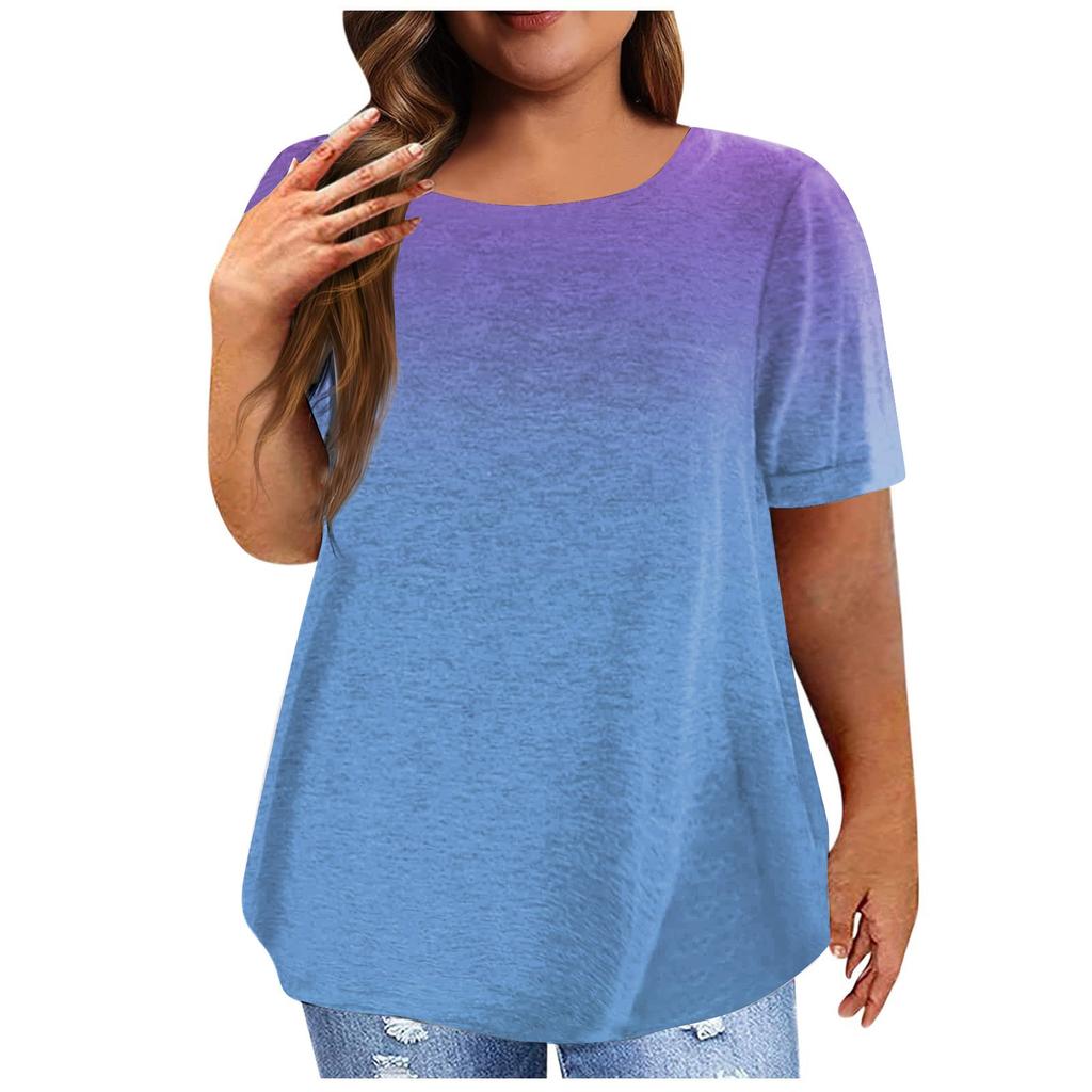 Women's Vintage Gradient Pleated Short Sleeve Casual T-shirt Top Plus Size Pullover Basic Top