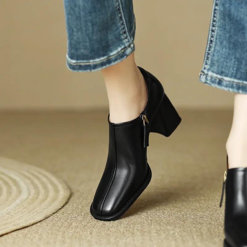 Женские туфли на высоком каблуке с квадратным носком, осенние ретро женские туфли на толстом каблуке, туфли на молнии, офисные профессиональные туфли на высоком каблуке