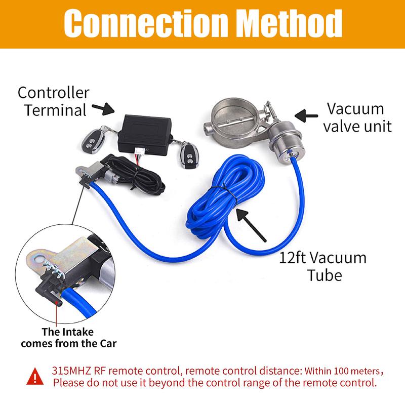 Exhaust Control Valve Set With Vacuum Actuator CUTOUT 2.0,2.5,3 inch Pipe CLOSE STYLE with Remote Controller and elbow