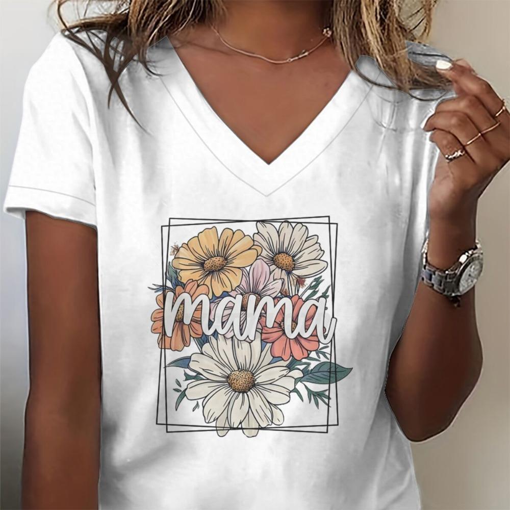 Flower Mama Boho Vintage T-shirt Happy Mother's Day Gift Classic Tops Mama V-neck T Shirts Casual Short Sleeve Tee