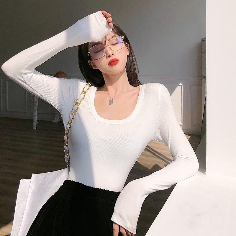 Черная базовая рубашка, базовая облегающая футболка с длинными рукавами и U-образным вырезом, осенне-зимний женский топ