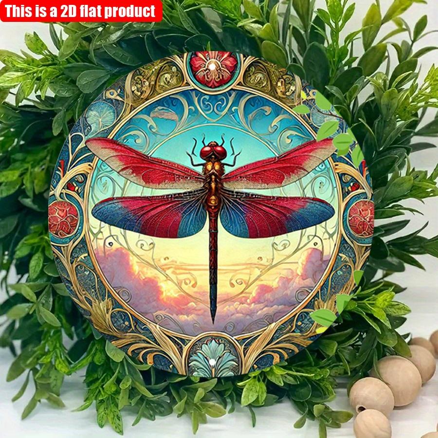 2D Flat 20*20cm 1pc Vintage Bright-coloured Dragonfly Sign Round Wall Deco, Dragonfly Theme Wooden Gift For Women, Room Decor Aesthetic Entrance Decor