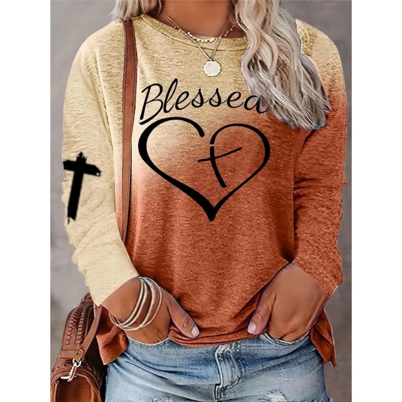 Letter and Heart Pattern Casual Long Sleeved Round Neck T-shirt for Women's Clothing