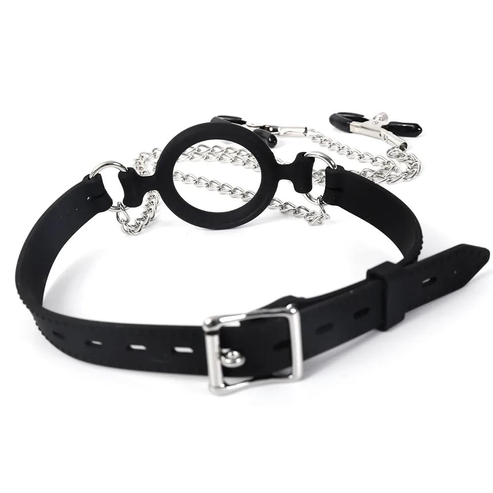 All Silicone Open Mouth O Ring Gag With Nipple Clamps BDSM Bondage Harness Locking Belt Sexyshop Erotic Accessories For Adults