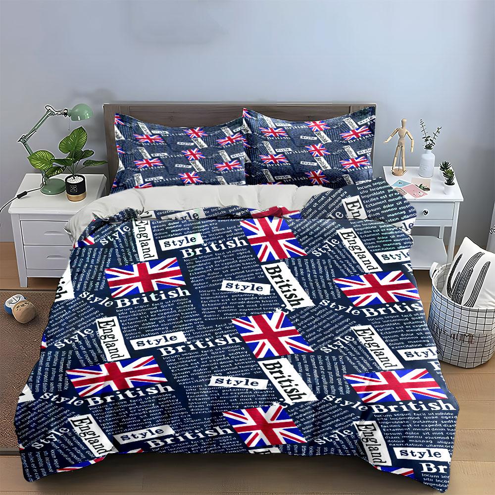 British Flag and Text Print Set Bedding Duvet Cover Set Duvet Cover Pillowcases (1 * Duvet Cover 2 * Pillowcases, without duvet insert)