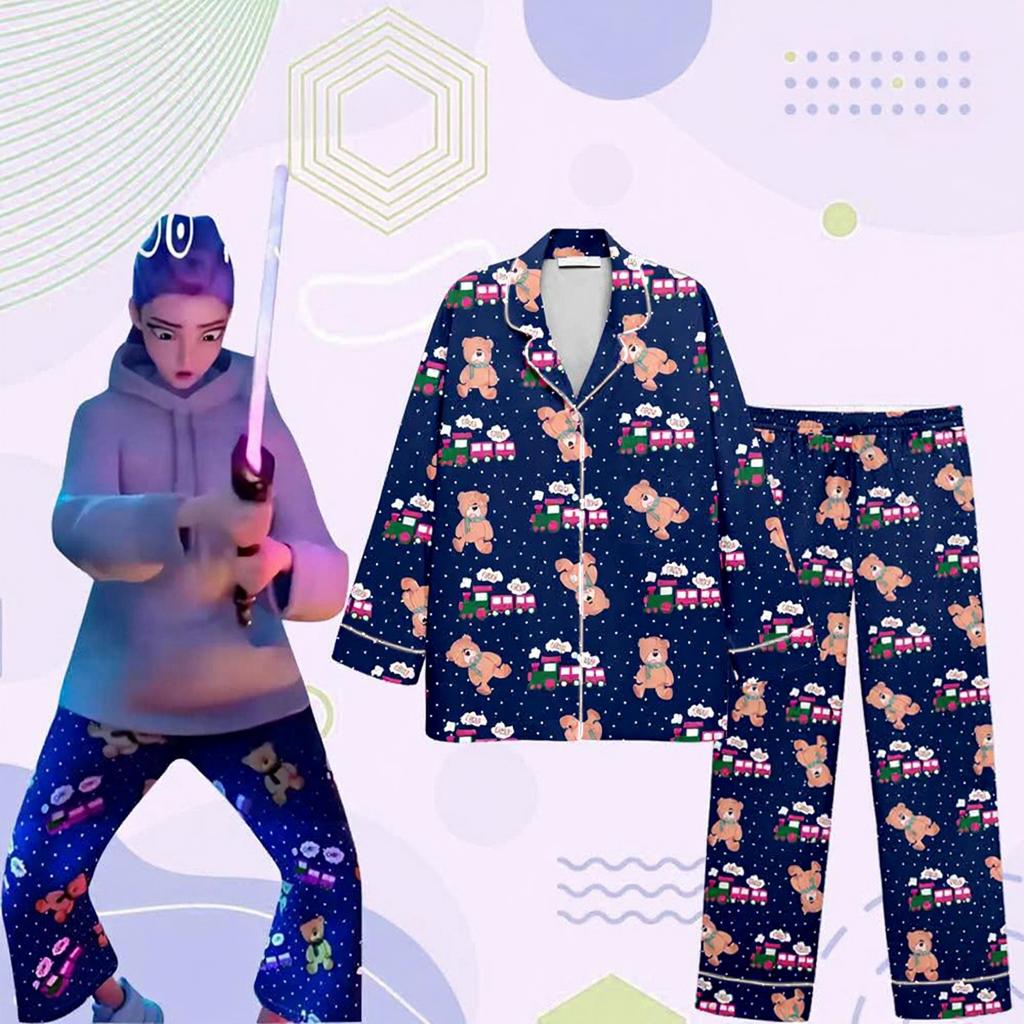 Omen's 2 Piece Printed Suit Long Sleeve Button Up Top Wide Leg Pants Suit Set Pajamas Home Casual Suit