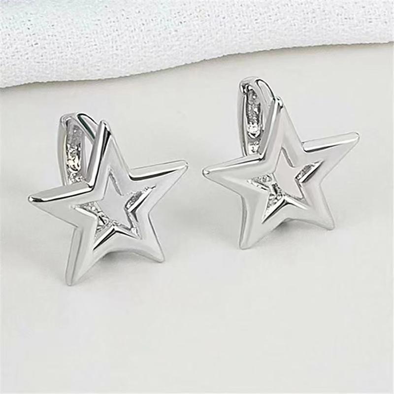 Silver Color Hollow Star Ear Buckle Personality Pentagram Earrings