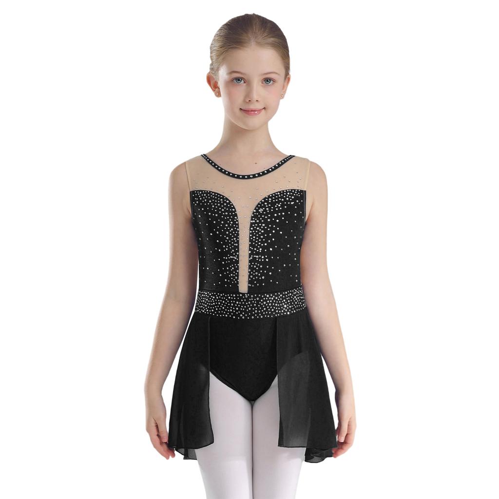 Kids Girls Ballet Lyrical Dance Figure Ice Skating Dress Hollow Back Mesh Gymnastics Leotard Dress