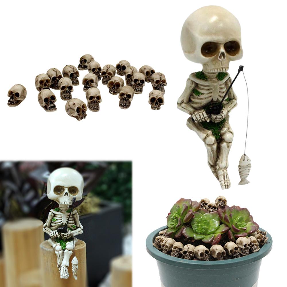 Миниатюрные фигурки черепов из смолы, Хэллоуинский декор, милая фигурка гнома-скелета, 20 шт. мини-голов черепов для сада, двора, газона, пруда