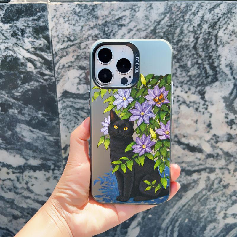 Милый чехол для телефона с черными кошками и цветами для iPhone 15 14 13 Pro Max 13 Mini 12 11 Pro Max 15 14 Plus Ударопрочная лазерная задняя крышка