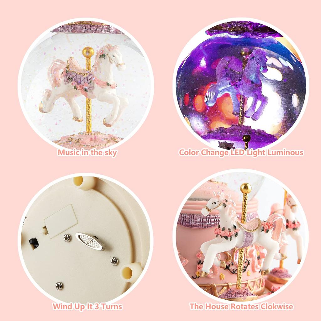 Snow Globe Music Box Color LED Light Crystal Ball Automatic Snowfall Popular Birthday Christmas Gift for Girls Women Girlfriends Merry-Go-Round