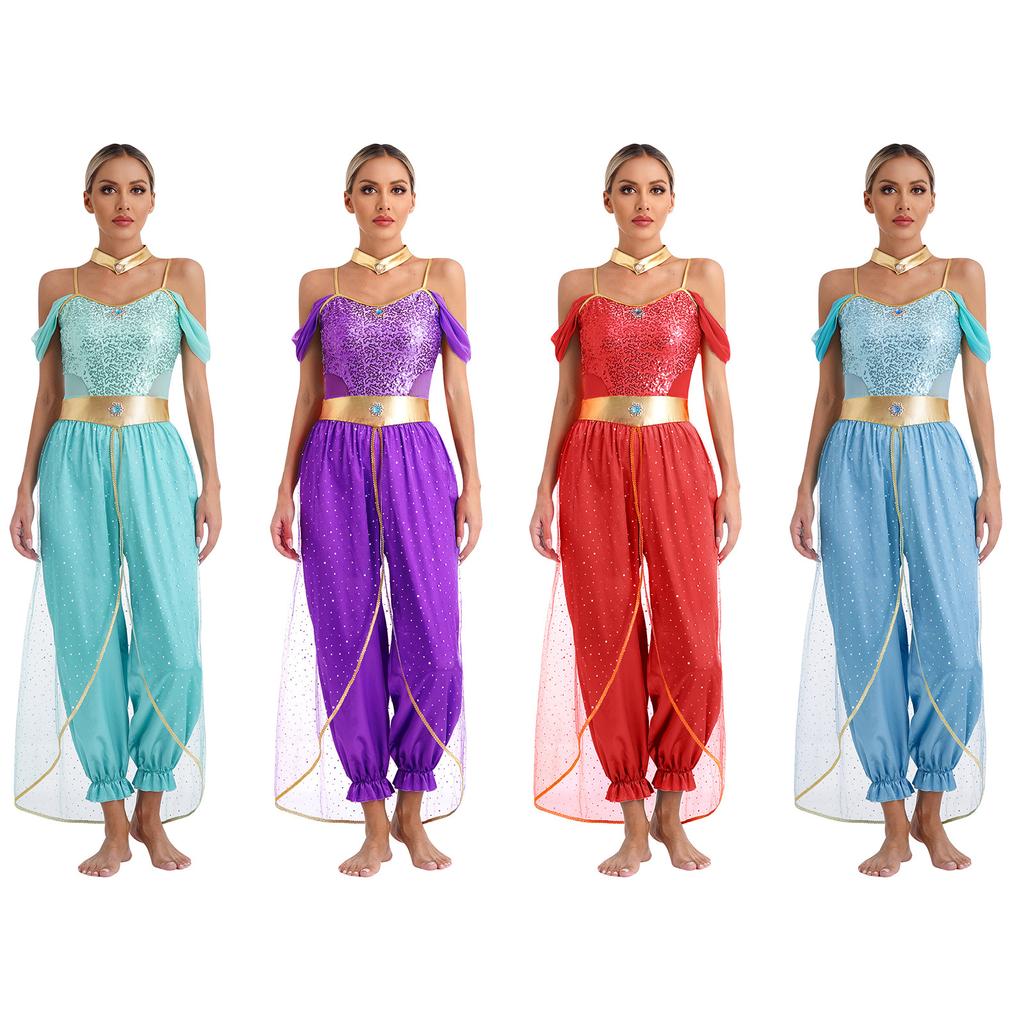 Womens Arabian Princess Belly Dance Costume Sequin Romper with Shiny Choker Collar for Halloween Role Play Parties