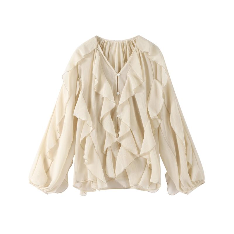 Chic Chiffon Ruffled Shirt Women Elegant Loose V-neck Long Sleeve Shirts Female 2025 Spring Vacation Street Lady Blouse Tops