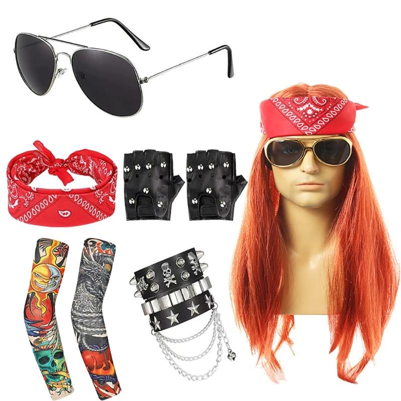 70-е 80-е Диско Парики Набор Аксессуаров для Костюма Длинные Кудрявые Шляпа Солнцезащитные Очки Рокерский Набор Костюма Парики Рокерская Вечеринка Маскарад