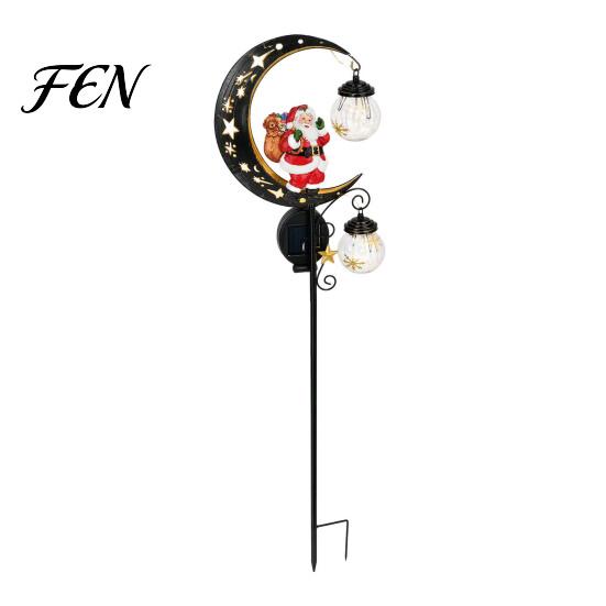 Holiday Path Stake Lights Santa Garden Light, Solar Powered Crescent Moon Lamp, Double Exterior Seasonal Decorations Glass Globes, Christmas