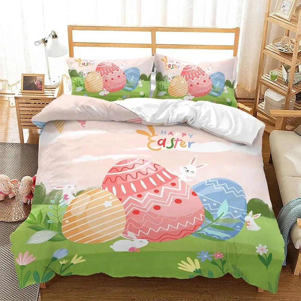 Easter Duvet Cover Set KingQueen Size Colorful Easter Eggs Nest Bunnies Theme Bedding Set Kids Boys Girls Polyester Quilt Cover