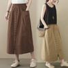 Plus Size Spring Summer Women Midi A-Line Skirt High Waist Black Khaki Coffee Buttons Skirt With Pockets Cotton Linen Simple Skirt
