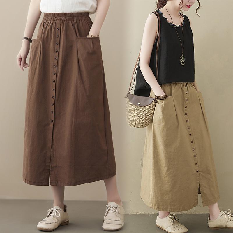Plus Size Spring Summer Women Midi A-Line Skirt High Waist Black Khaki Coffee Buttons Skirt With Pockets Cotton Linen Simple Skirt