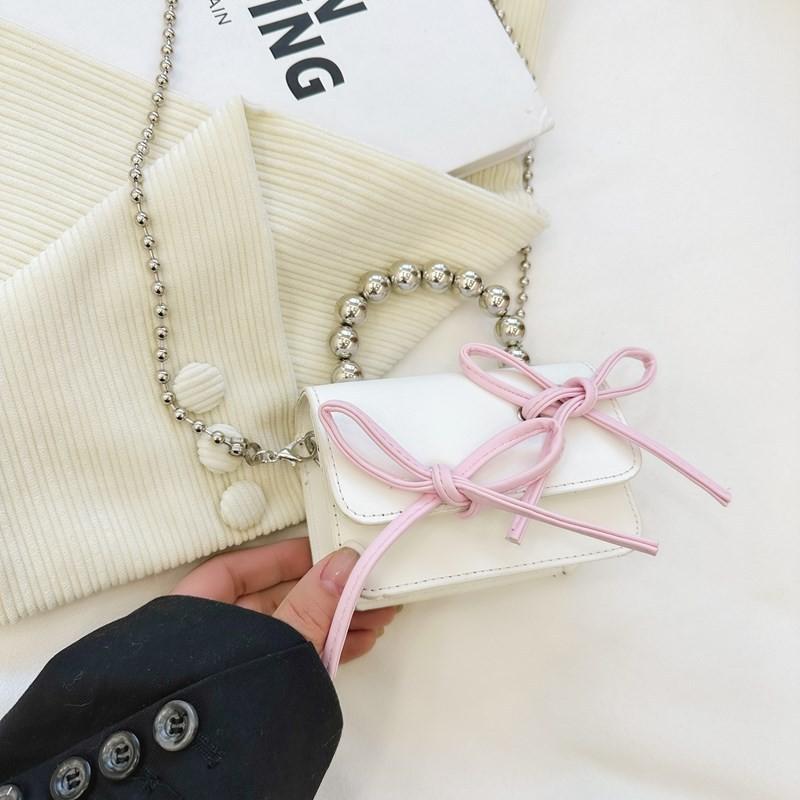 Cute Color-block Kids Shoulder Bag Mini Beaded Child Bag Fashion Bow Children Crossbody Bag Pink