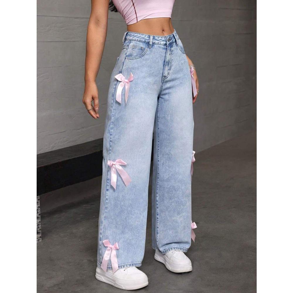 Женские черные мешковатые джинсы Harajuku Y2k Aesthetic Butterfly Denim Trousers Корейские джинсовые брюки Vintage Wide Leg Pants