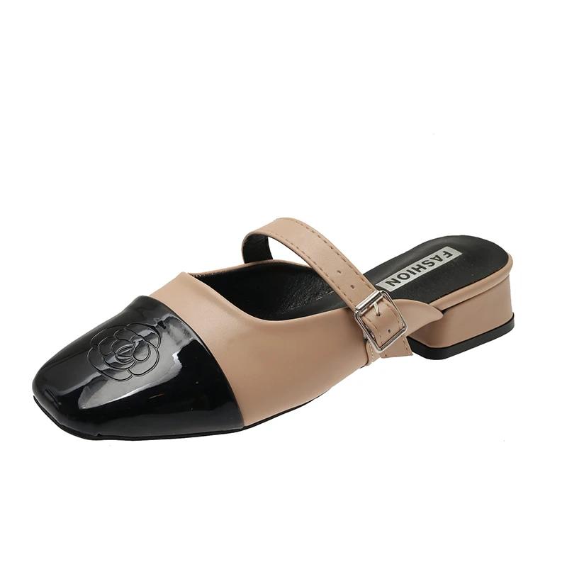 2024 Square Heel Cover Toe Slippers Casual Shoes Woman 2024 Lady Low Slipers Women Block Soft Luxury Girl Flat Pointed Summer New