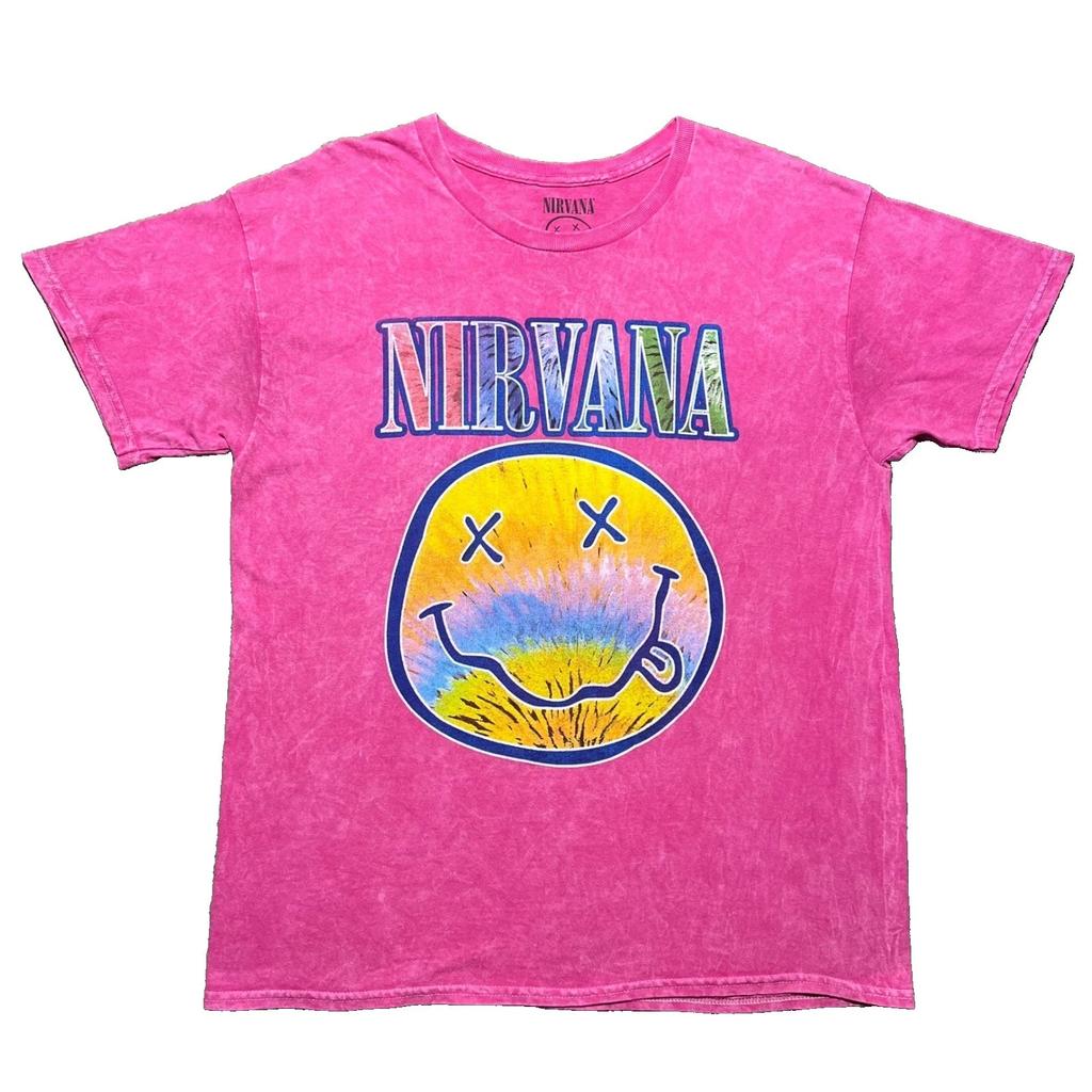 Мужская футболка Nirvana с принтом 'Улыбающееся лицо' в стиле Pink Acid Wash, размер L, с логотипом Tie Dye