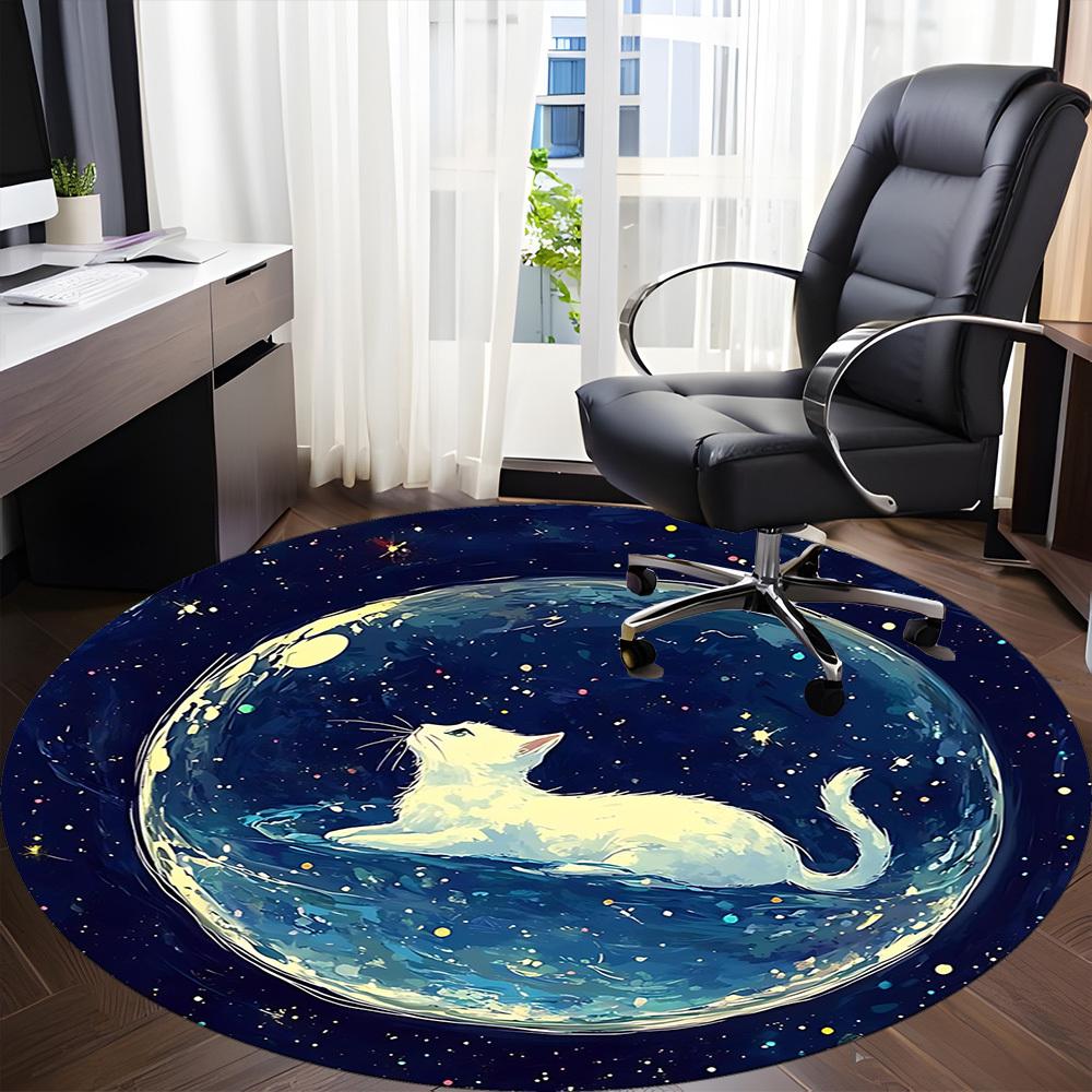 1PC Cosmic Cat Pattern Office Round Area Rug, Mat Suitable For Office, Under Office Chairs Bedroom Living Room Home Decor, Room Deco