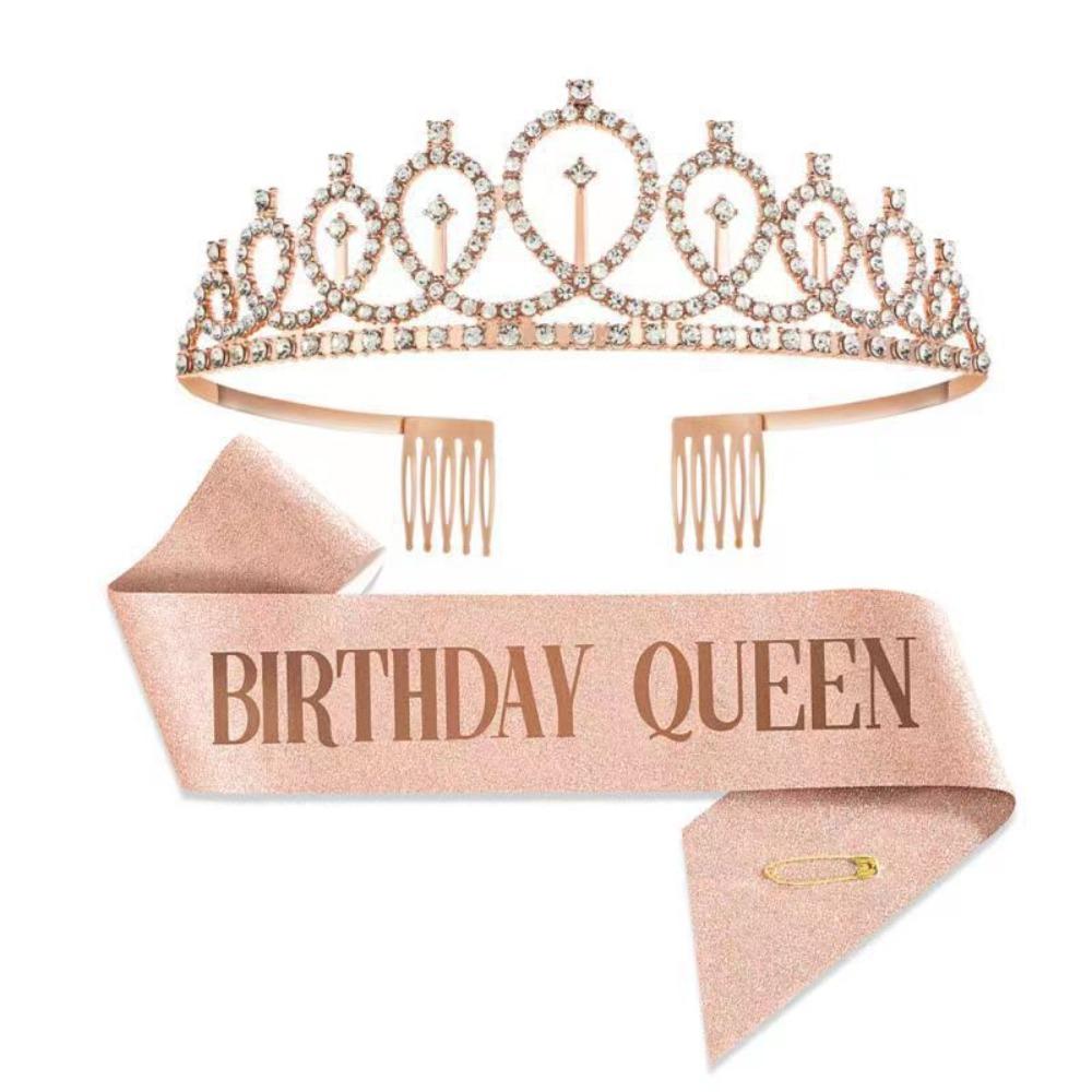2Pcs/Set Glitter Birthday Tiara Gold Crystal Crown New Birthday Party Crown Sash 18 21 30 40 50th