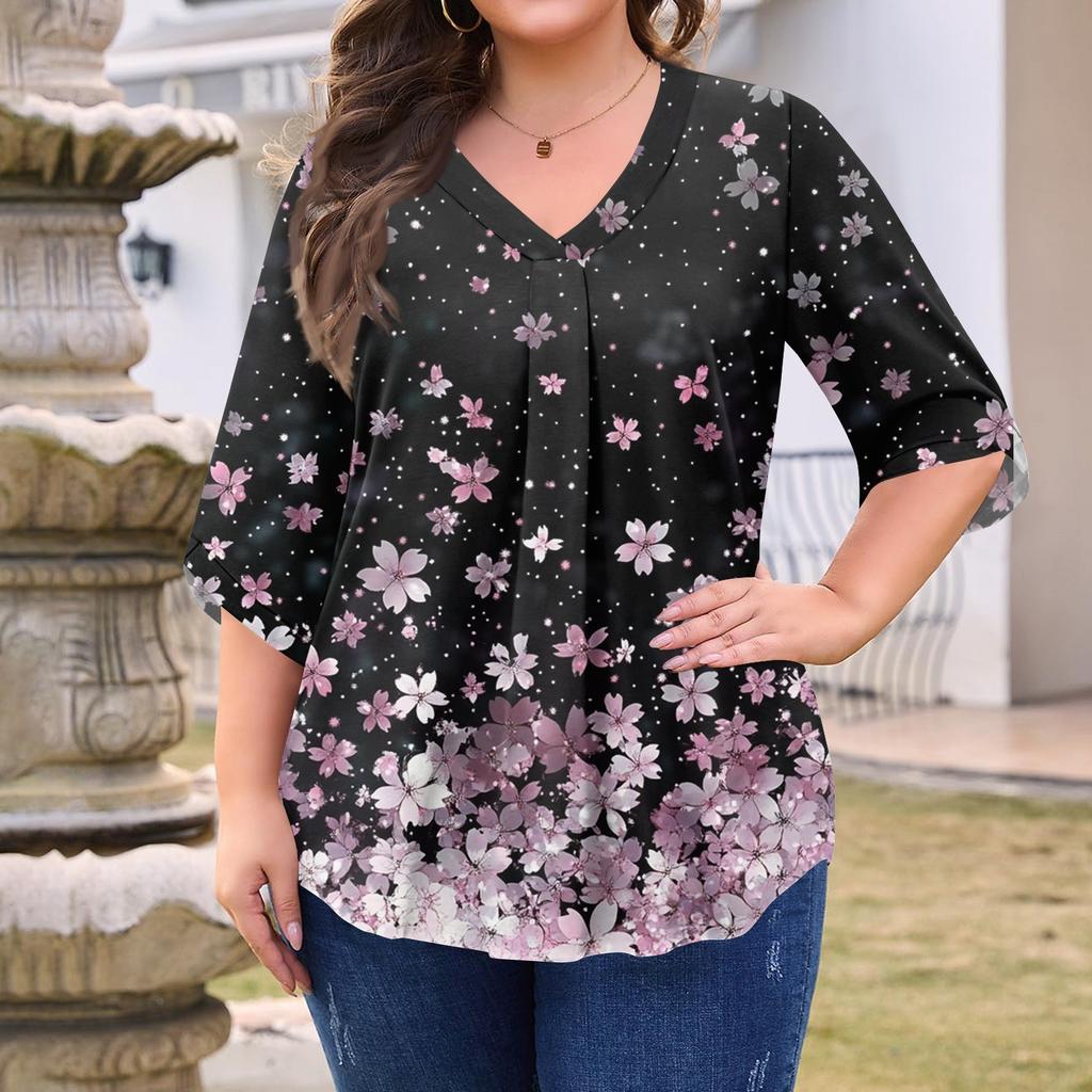 Women's Fashion Large Size Print V-Neck Three-quarter Sleeve Top