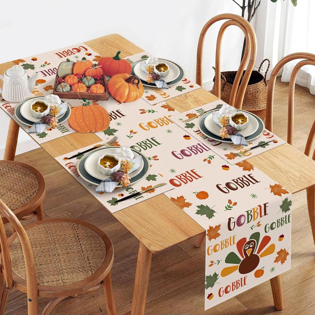 Bonhause Gobble Turkey Thanksgiving Table Runner 13x72 Inch Fall Autumn Maple Leaves Harvest Kitchen Dinning Table Decoration for Indoor Outdoor Home