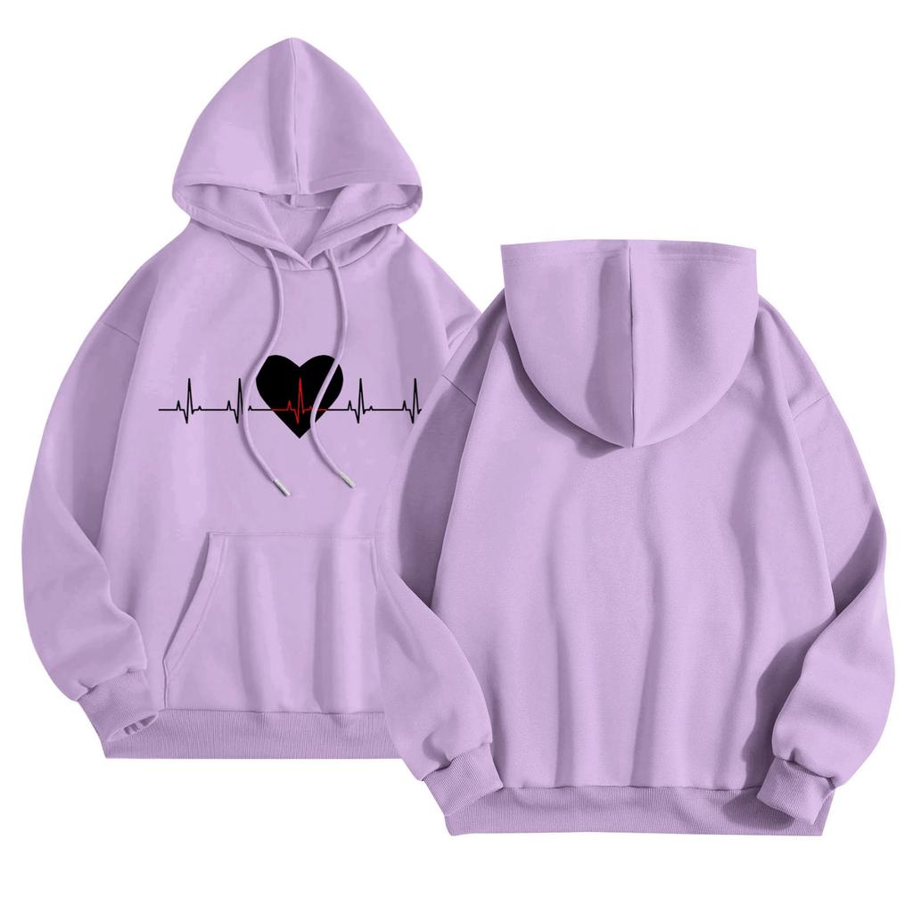 Женский повседневный комфортный плюшевый свитер с длинным рукавом и свободным воротом с капюшоном и принтом Heart Beat