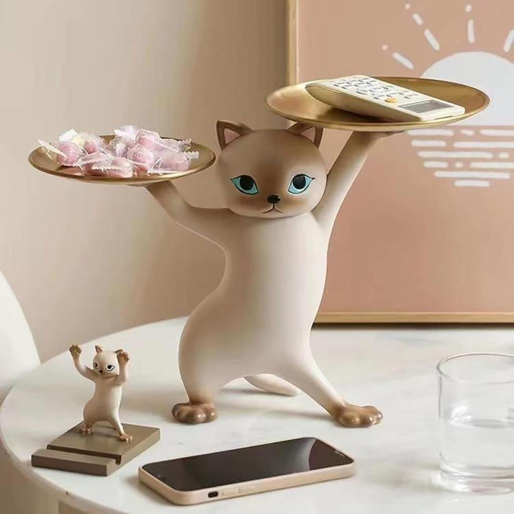 Cat Strorage Storage Tray Resin Cat Statue Figurine Candy Jewelry Earring Ring Key Holder Tray Bowl HomeTable Living Room Decor